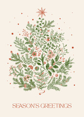 The Christmas tree. Season's greetings. Vintage christmas botanical card. Red and green