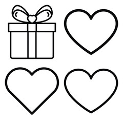 gift heart outline icon set, black color and white background