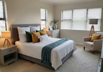 Fototapeta premium Modern Bedroom Interior With Pillows, Quilt Blanket and Lamps in Neutral Tones
