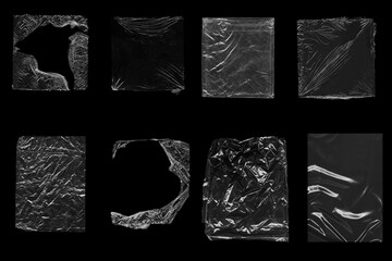 Crumpled transparent plastic wrap texture set isolated on black background for overlay use