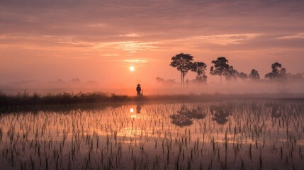 Naklejka premium Serene Sunrise Over Rice Fields with Silhouetted Figure, Reflective Water, Gentle Mist, and Lush Greenery in a Peaceful Landscape