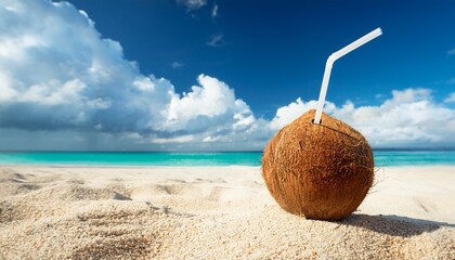 fresh coconut with straw on tropical sand beach under blue sky and fluffy clouds