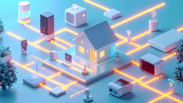 A digitally rendered smart home with connected devices, illuminated pathways, and a miniature house