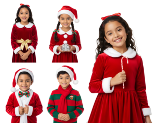 stock images of diverse children in santa outfits for holiday ads - christmas cutout digital assets with candy cane and festive clothing