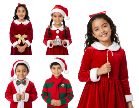 stock images of diverse children in santa outfits for holiday ads - christmas cutout digital assets with candy cane and festive clothing