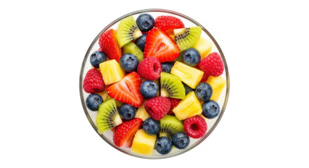 Colorful fresh fruit salad in glass bowl overhead view