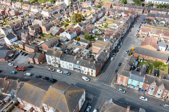 Aerial drone photo of the town of Withernsea in Holderness, East Riding of Yorkshire, England showing the British seaside town with a view of the housing estates and streets on a sunny summers day