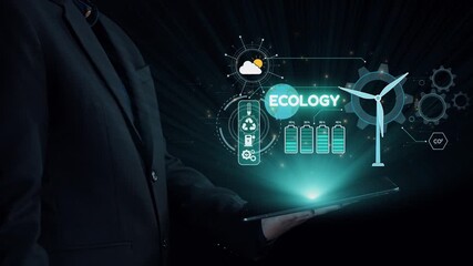A digital tablet displays futuristic ecology symbols including wind turbines and solar energy, highlighting innovation in renewable energy solutions and environmental awareness. Qubit - Powered by Adobe