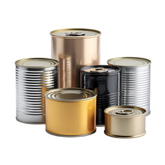 Assortment of metal food cans on a white background