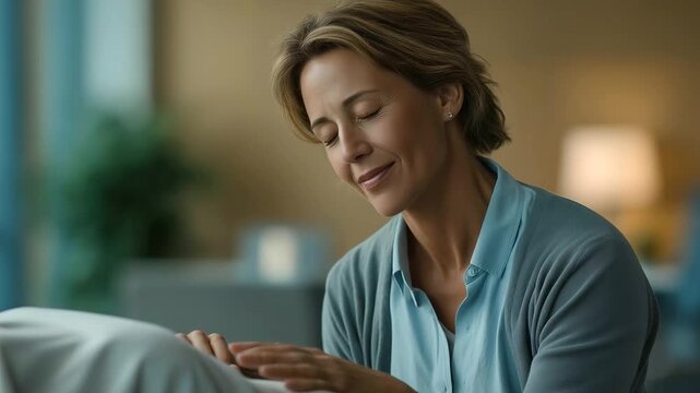 woman therapist leading patient through progressive muscle relaxation exercise soft exhale supportive environment depression relief three quarter wide angle cinematic color