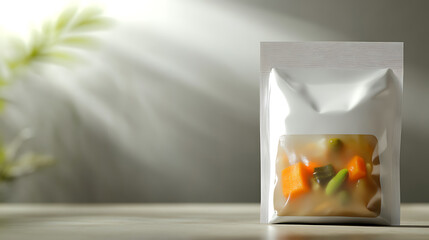 Isolated pouch of vegetable soup featuring carrots and green peas against a soft, neutral backdrop with blurred greenery and diffused sunlight creating a serene, minimal aesthetic.