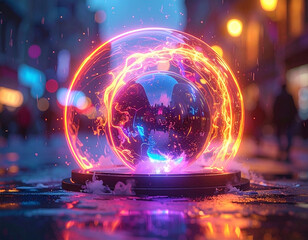 Mystical sphere of energy in an urban landscape shimmering with captivating radiance