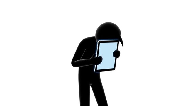 Dynamic stick figure gleefully interacts with a glowing tablet screen, showcasing modern digital engagement and joyful connection in a clean, white virtual space, perfect for tech presentations and ap
