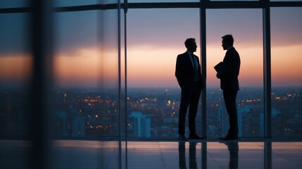 Businessmen Silhouettes Meeting in Modern Office with Sunset Cityscape View, Professional Discussion and Networking Concept at Dusk
