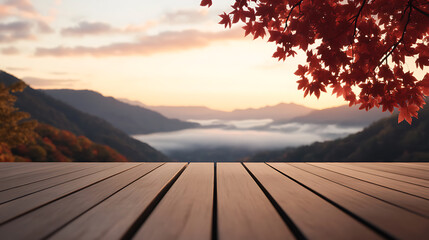 Mountain vista at sunrise framed by fall foliage. A wooden deck offers a serene vantage point, creating a calm, natural setting for meditation or relaxation.