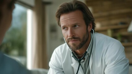 doctor leaning over patient with stethoscope checking lungs muted background compassionate interaction three quarter wide angle cinematic color correction gentle backlight clean