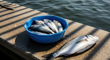 Fresh Fish in Blue Bucket on Concrete Pier