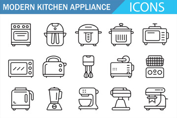 Modern kitchen appliance icons set – minimalist line art symbols of home cooking devices including oven, air fryer, toaster, blender, mixer, coffee maker, and electric pot in contemporary vector style