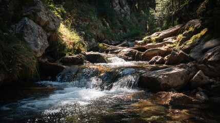 Serene Stream Flowing Over Rocks Surrounded by Lush Greenery in a Sunlit Forest Landscape