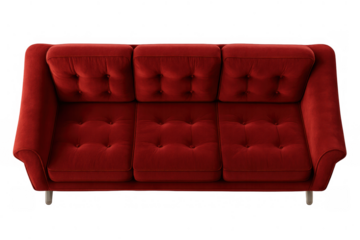 Red velvet sofa, three-seater couch with tufted details for home interior design and comfort, top view, transparent background