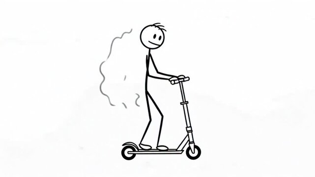 Energetic stick figure zooms on a scooter, capturing dynamic movement and a sense of playful freedom for modern lifestyle or urban transport concepts.