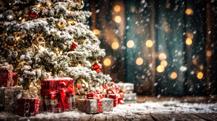 Christmas Tree with Gifts and Snowy Background and Copy Space on the Right