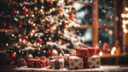 Cozy Christmas Tree with Gifts on Snowy Surface in Warm Indoor Setting