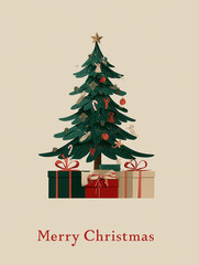 Naklejka premium Charming hand-drawn Christmas tree illustration with decorated branches, gifts, and Merry Christmas text on a beige background. Ideal for greeting cards, posters, social media graphics, stationery.