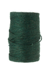 Dark green natural fiber twine or yarn tightly wound on a brown spool, isolated against a plain white background