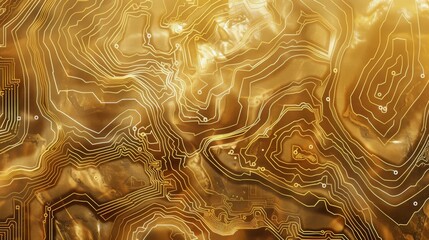 Abstract golden topographic map with glowing digital network lines