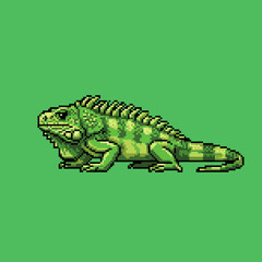 Fototapeta premium Pixel art illustration of a green iguana with detailed scales and spikes on a solid green background.