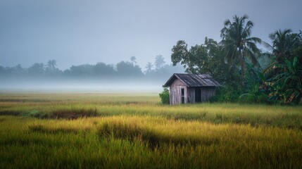 Fototapeta premium Serene Misty Landscape with Abandoned Wooden Shack Surrounded by Lush Green Rice Fields and Tropical Trees in Calm Foggy Environment
