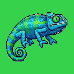 Fototapeta premium A vibrant blue and green chameleon in a retro pixel art style against a solid green background.
