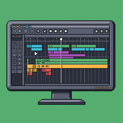 Pixel art illustration of a computer monitor displaying a digital editing software timeline.