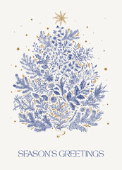 The Christmas tree. Season's greetings. Vintage christmas botanical card. Blue and white