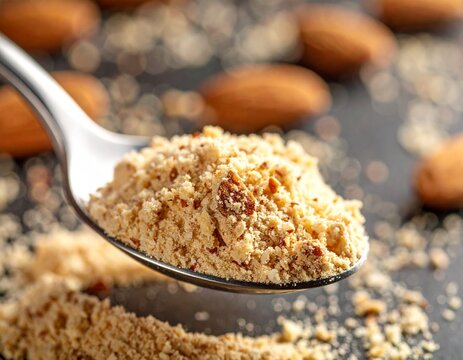 Almond Flour on a Spoon: A close-up view presents a spoonful of finely ground almond flour, its texture and color meticulously detailed, showcasing its culinary potential.