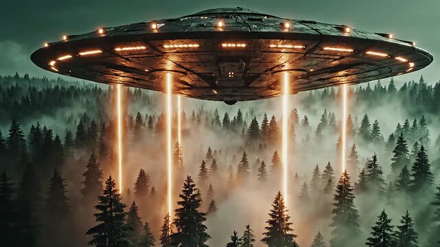 First Contact Inferno: Alien Craft's Fiery Beam Over the Woods
