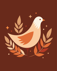 Minimalist Bird Design with Leaves and Twigs in Muted Autumn Shades
