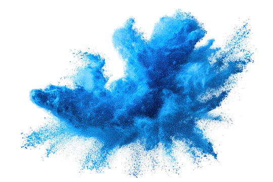 Vibrant blue powder explosion against a black background.  Detailed texture and intricate shapes