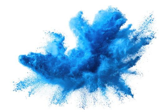 Vibrant blue powder explosion against a black background.  Detailed texture and intricate shapes