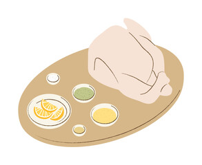 Raw turkey and spices on cutting board isolated on white background