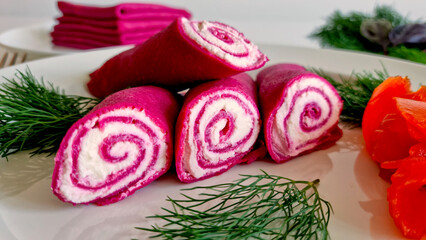 Beetroot crepes rolled into a tube, Close-up