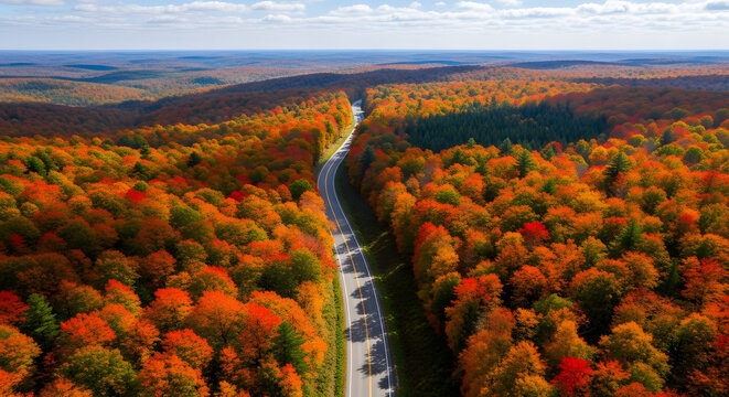 Inspiring aerial drone view of a winding road through vibrant autumn forest foliage showcasing breathtaking fall colors