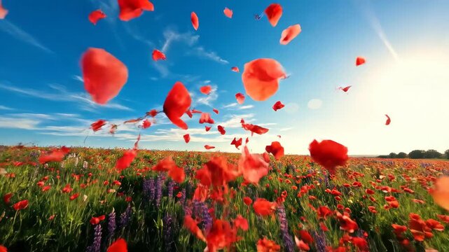Rose Petals Falling Romantic Field, Sky, Nature Background