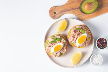 Two delicious tuna open sandwiches with avocado and boiled eggs. Tuna toast.