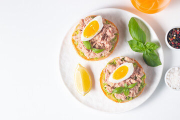 Two delicious tuna open sandwiches with avocado and boiled eggs. Tuna toast.