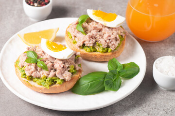 Two delicious tuna open sandwiches with avocado and boiled eggs. Tuna toast.