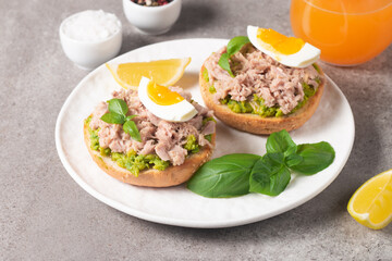 Two delicious tuna open sandwiches with avocado and boiled eggs. Tuna toast.