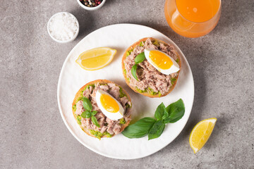 Two delicious tuna open sandwiches with avocado and boiled eggs. Tuna toast.