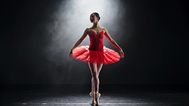 Gorgeous ballerina in a crimson tutu and pointe shoes performing a solo on a dim stage, enveloped in theatrical smoke and a single spotlight highlighting her graceful pose